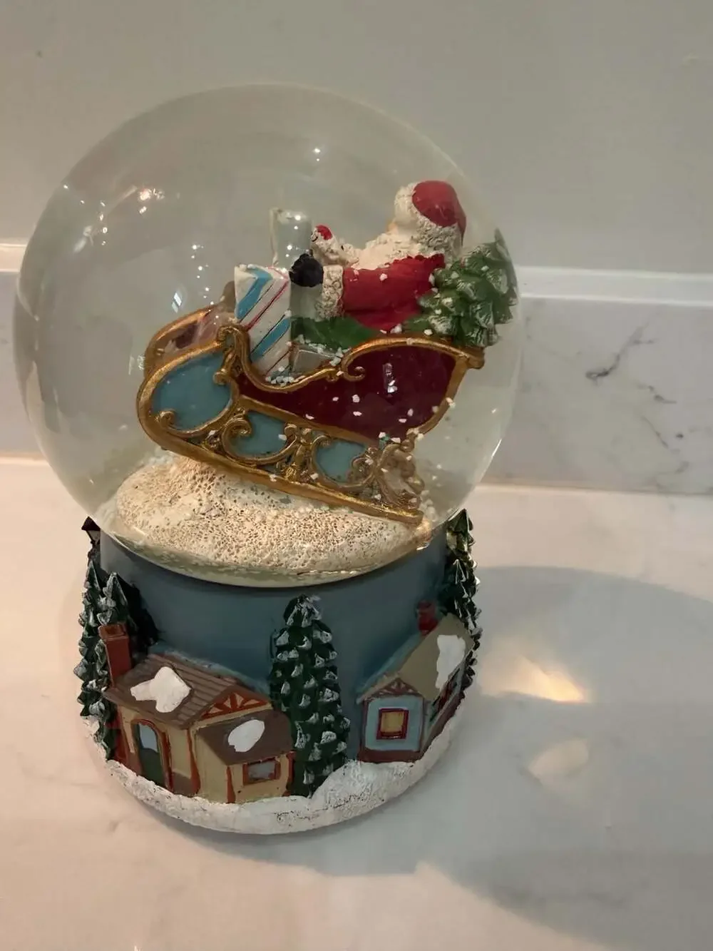 Roman Santa in Sleigh Musical Glitter Snow Globe with Winter Village Base